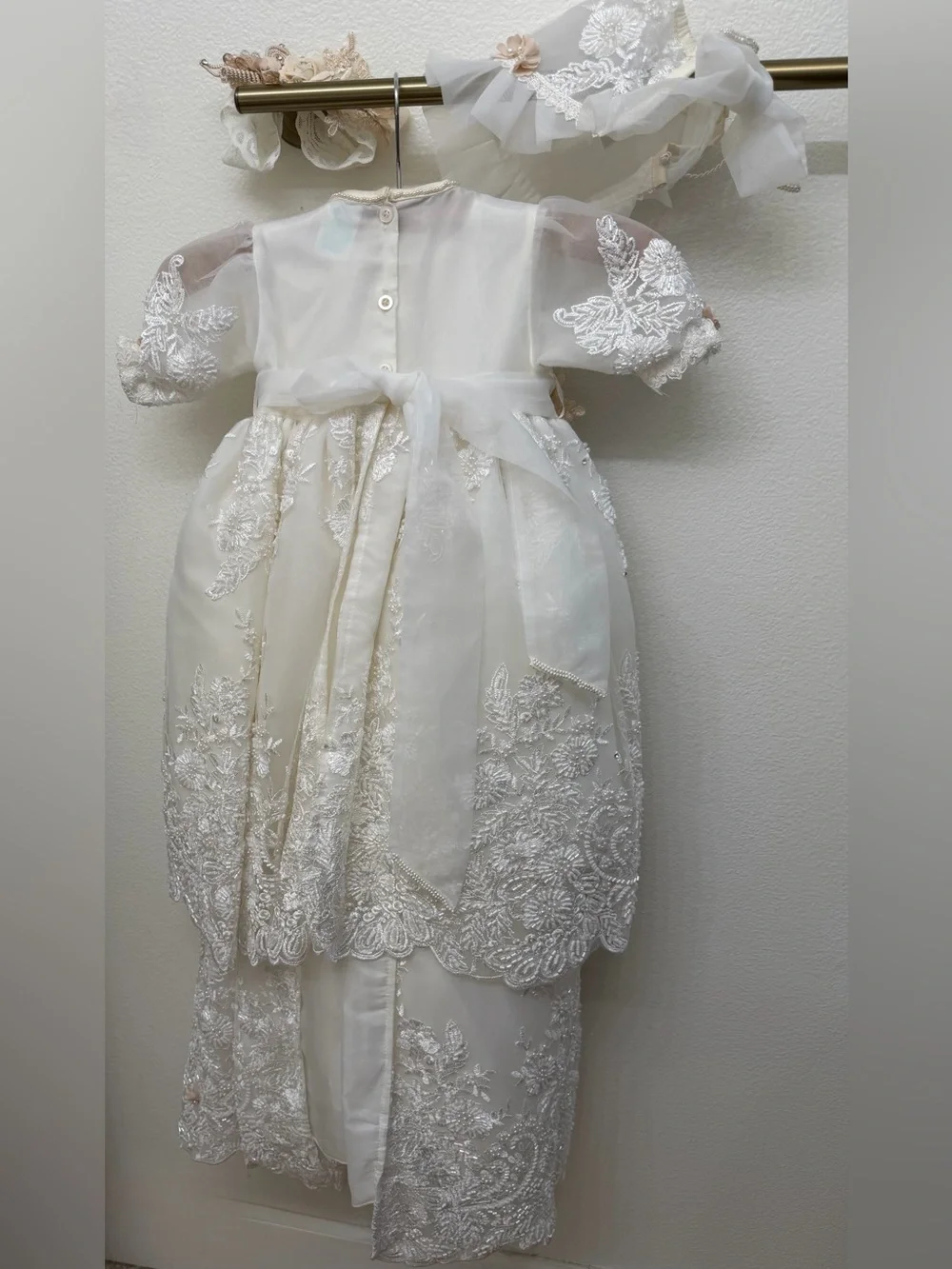 Ropon Beaded Babtism Dress with Floral Sash, Bonnet, Headband, and  Storage bag